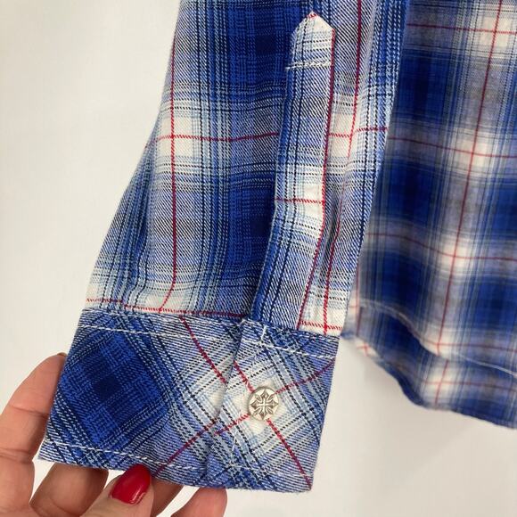 Affliction Lace Up Western Aztec Embroidered Snap Up Blue Plaid Women Small NEW - Picture 10 of 14